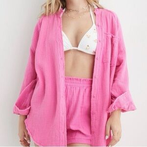 Aerie Gauzy Cover Up Shirt and High Waisted Short Set.